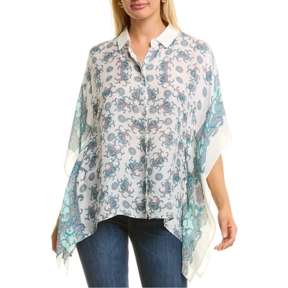 𝅺Kobi Halperin Paisley Collared Silk Poncho Blouse Ivory Multi